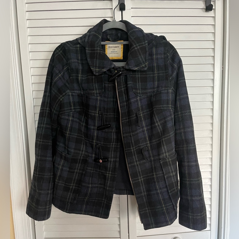 Old Navy Wool Blend Blue Plaid Winter Jacket